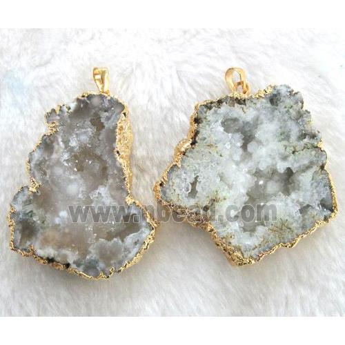 white druzy agate slice pendant with golden brass bail