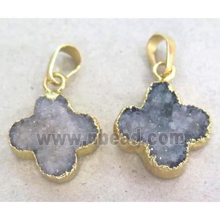 druzy quartz pendant, four-leaf clover, gold plated