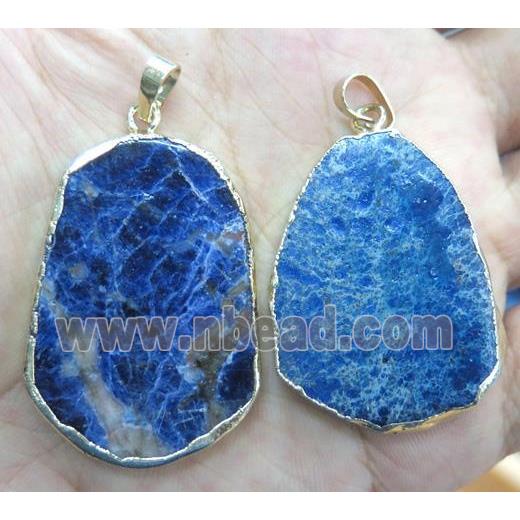 blue sodalite slice pendant, flat freeform, gold plated