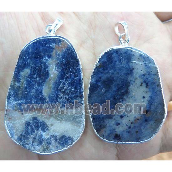 blue sodalite slice pendant, flat freeform, silver plated