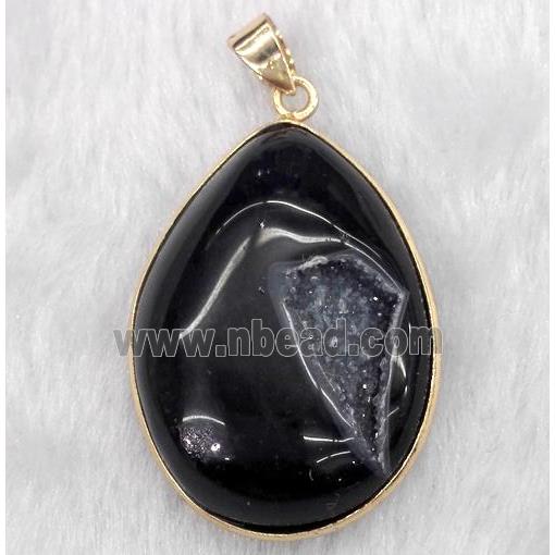 druzy agate pendant, teardrop, black