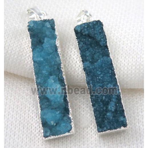 blue druzy quartz pendant, rectangle, silver plated