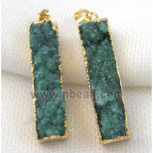 green druzy quartz pendant, rectangle, gold plated