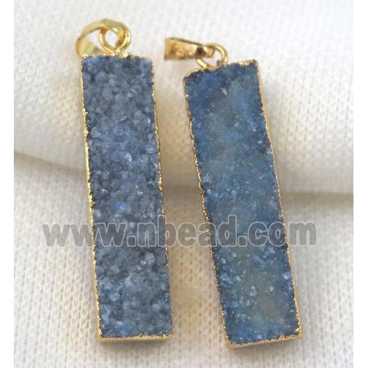 light blue druzy quartz pendant, rectangle, gold plated