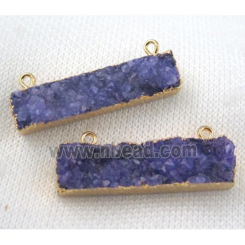 purple druzy quartz pendant with 2loops, rectangle, gold plated