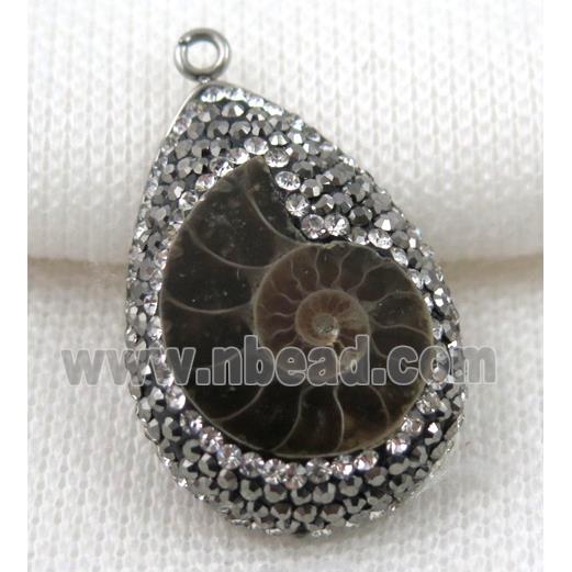 Ammonite Fossil pendant paved rhinestone, teardrop