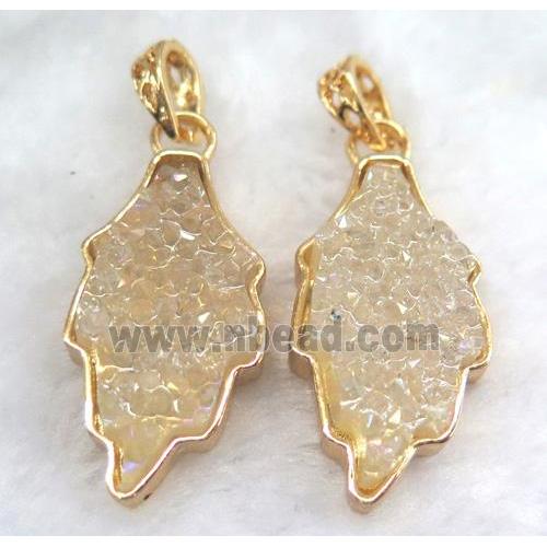 druzy resin pendant, leaf, gold plated