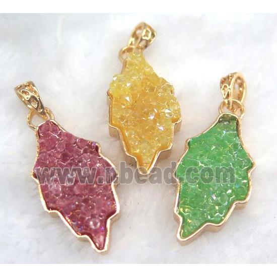 druzy resin pendant, leaf, gold plated