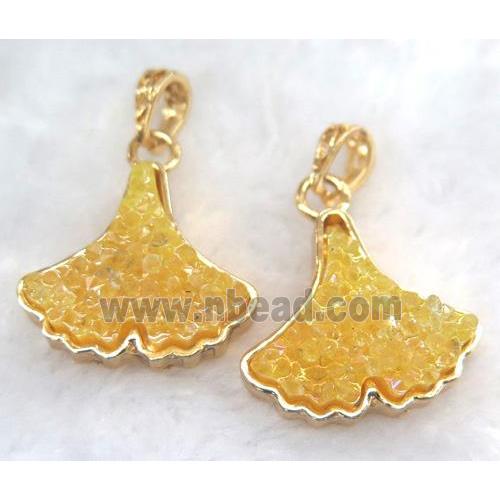 druzy resin pendant, leaf, gold plated