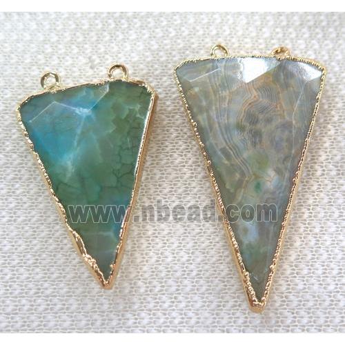 green dragon veins agate pendant, faceted triangle, gold plated