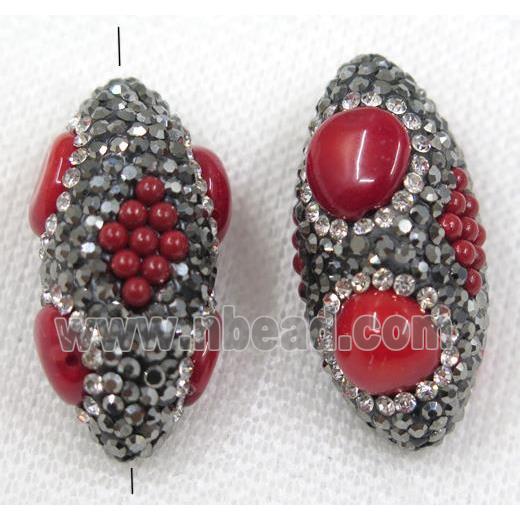 red coral beads paved black rhinestone, Rice