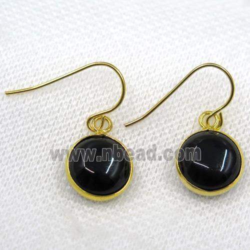 black agate earring, flat round, gold plated