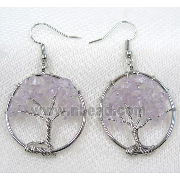 rose quartz earring, tree of life, platinum