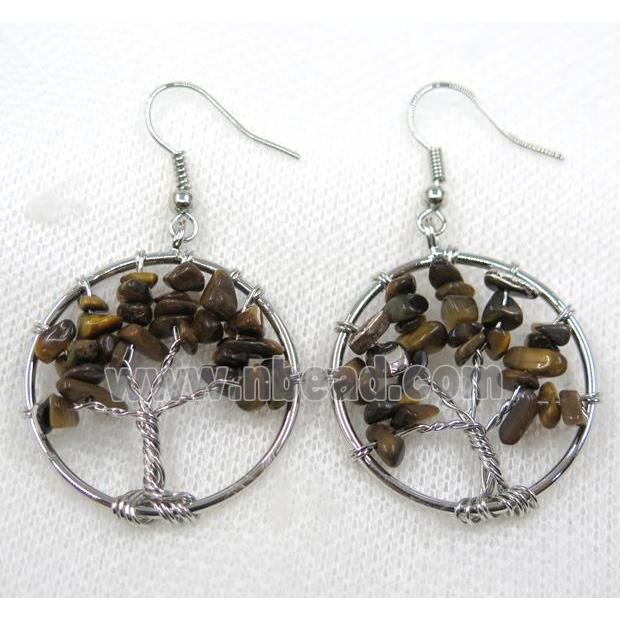 tree of life earring with yellow tiger eye stone chip, platinum