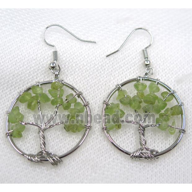 Tree of life earring with green prehnite chip bead, platinum