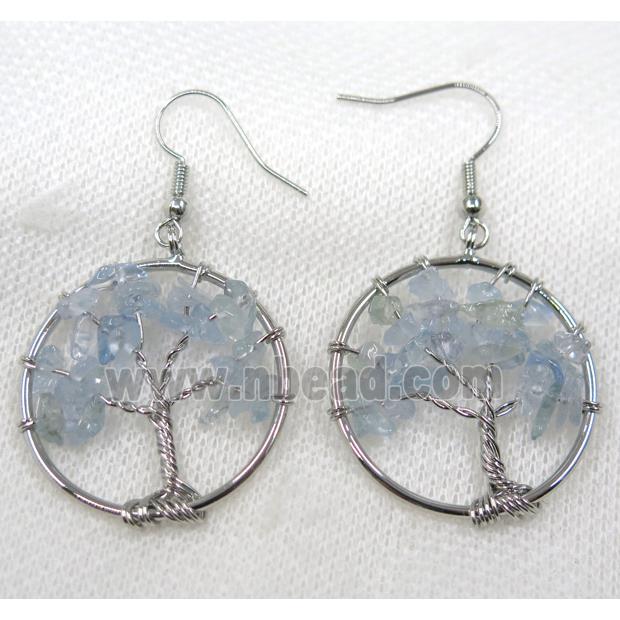 tree of life earring with blue aquamarine bead chips, platinum