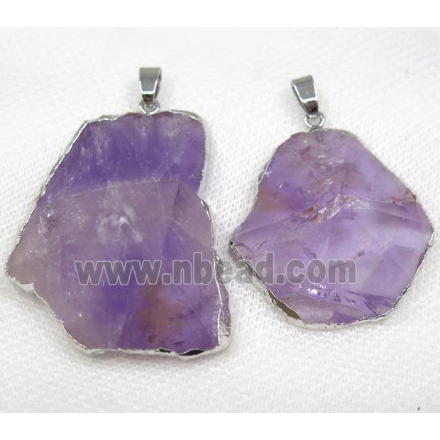 purple Amethyst pendant, freeform, point, silver plated