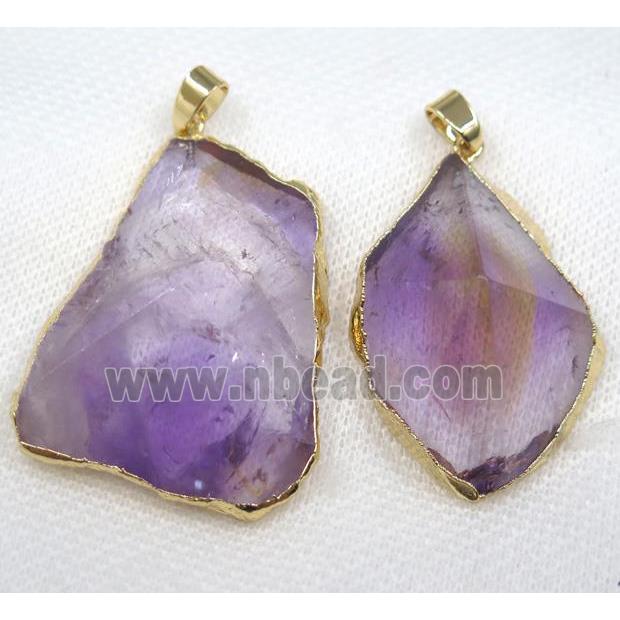 purple Amethyst pendant, freeform, point, gold plated