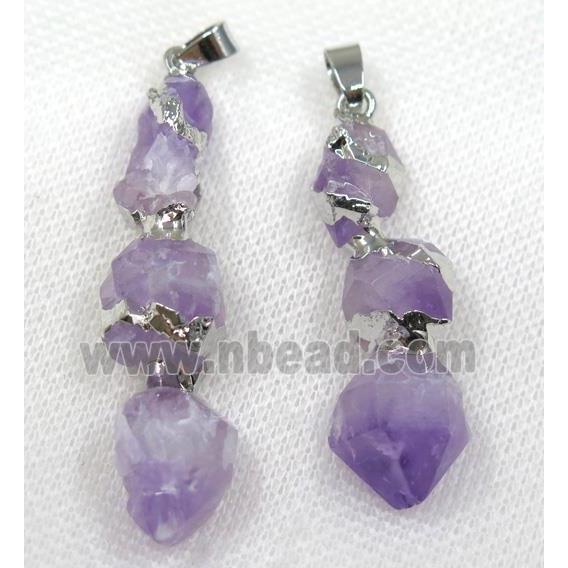 purple Amethyst stick pendant, silver plated