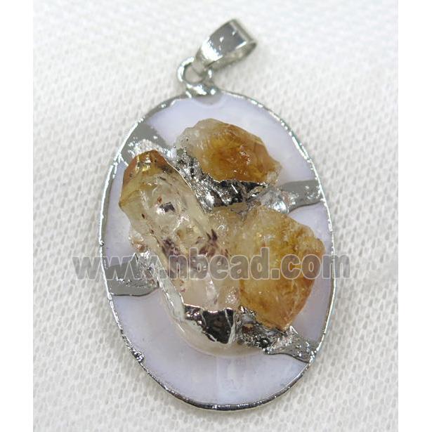 yellow Citrine oval pendant, silver plated