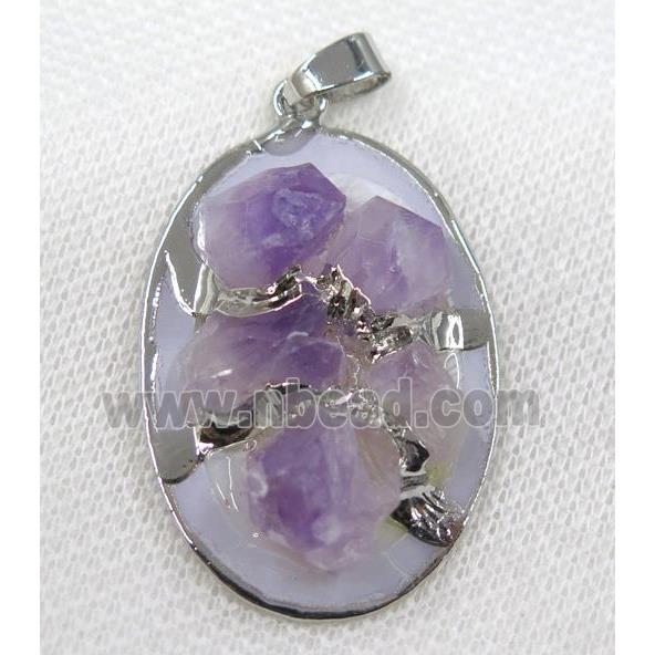 purple Amethyst oval pendant, silver plated