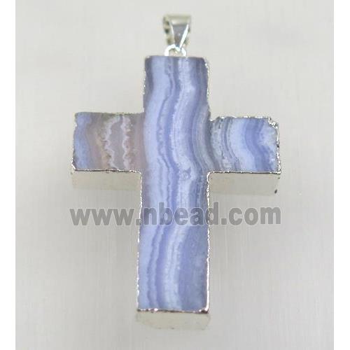 blue lace agate cross pendant, 925 silver plated