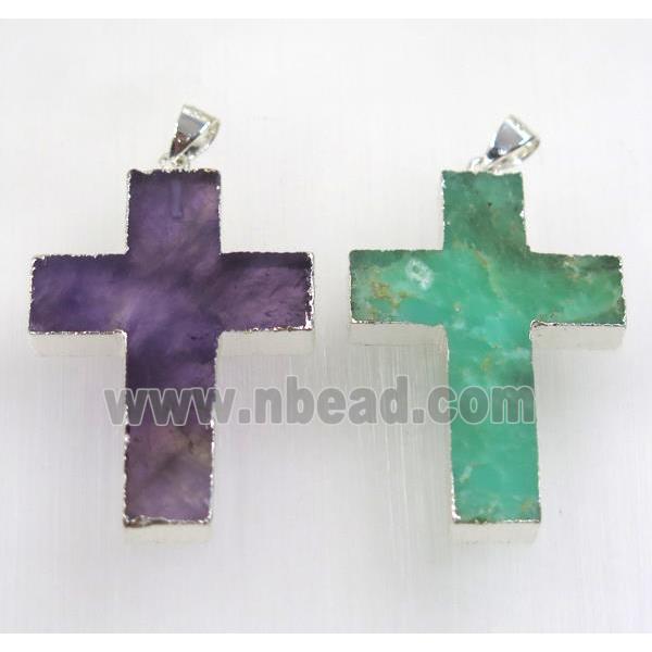 mix gemstone cross pendant, 925 silver plated