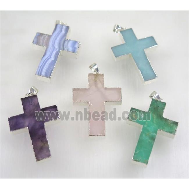 mix gemstone cross pendant, 925 silver plated