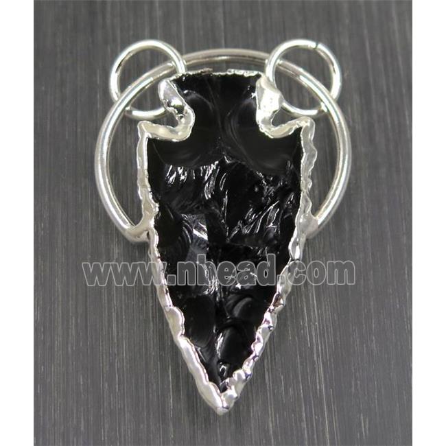 clear quartz pendant, arrowhead, black, silver plated