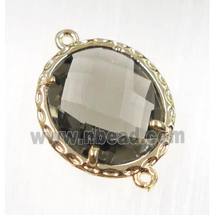 smoky Chinese Crystal Glass connector, oval, gold plated