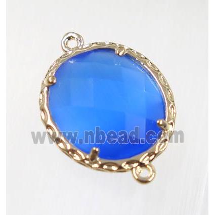 blue Chinese Crystal Glass connector, oval, gold plated