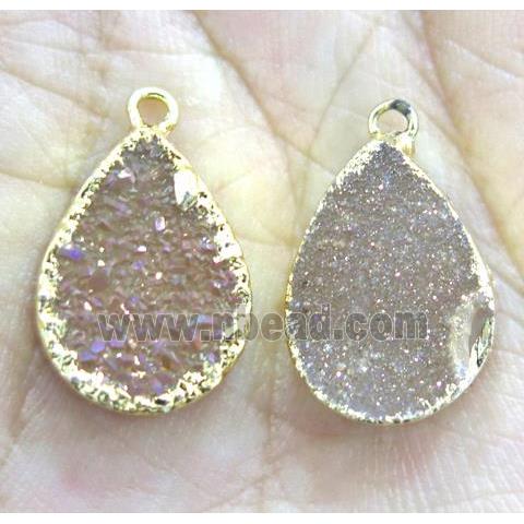 agate druzy teardrop pendant, gold champagne AB-color