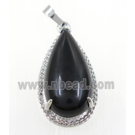 black agate teardrop pendant, copper, platinum plated