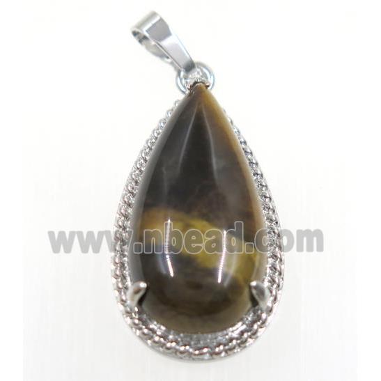 Tigers eye stone teardrop pendant, copper, platinum plated