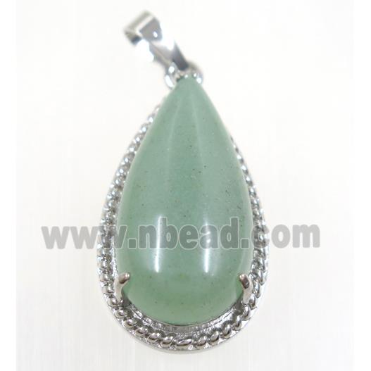 green Aventurine teardrop pendant, copper, platinum plated