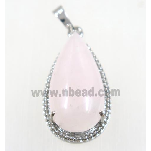 pink Rose Quartz teardrop pendant, copper, platinum plated