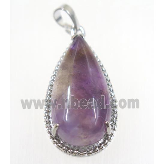 purple Amethyst teardrop pendant, copper, platinum plated