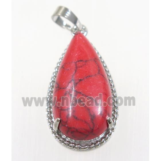 red dye Turquoise teardrop pendant, copper, platinum plated