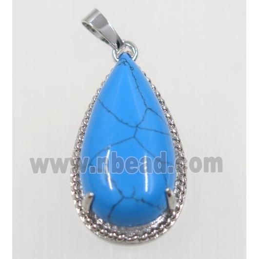 blue dye Turquoise teardrop pendant, copper, platinum plated