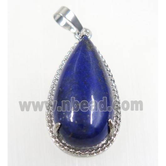 blue Lapis Lazuli teardrop pendant, copper, platinum plated