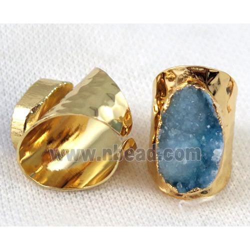 blue druzy quartz ring, copper, gold plated