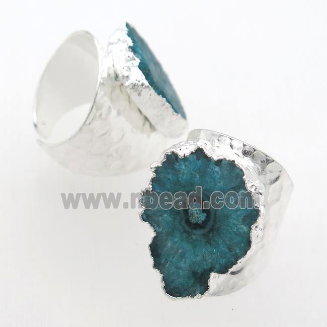 peacock green Solar Quartz Druzy Rings, silver plated