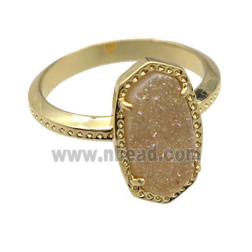 copper Rings with champagne Quartz Druzy, gold plated