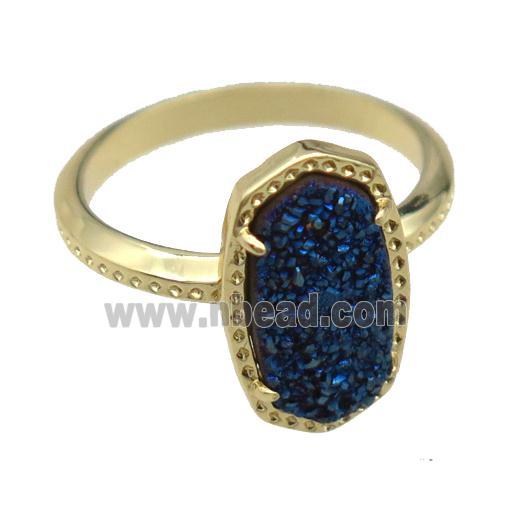 copper Rings with blue Quartz Druzy, gold plated