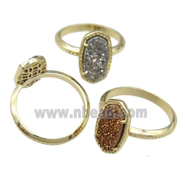 copper Rings with Quartz Druzy, mixed, gold plated