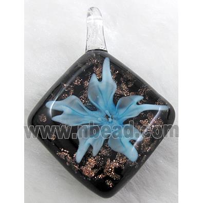 murano style lampwork glass pendant with goldsand, flower, sky-blue