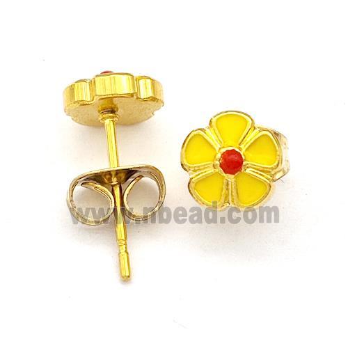 Stainless Steel Flower Stud Earring Yellow Enamel Gold Plated