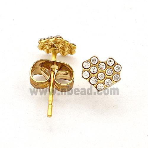 Stainless Steel Heart Stud Earring Pave Rhinestone Gold Plated