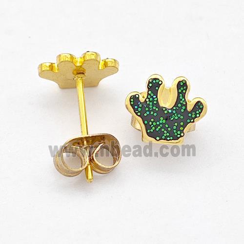 Stainless Steel Paws Stud Earring Pave Green Fire Opal Gold Plated