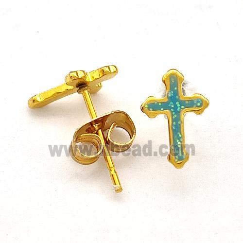 Stainless Steel Cross Stud Earring Pave Fire Opal Gold Plated
